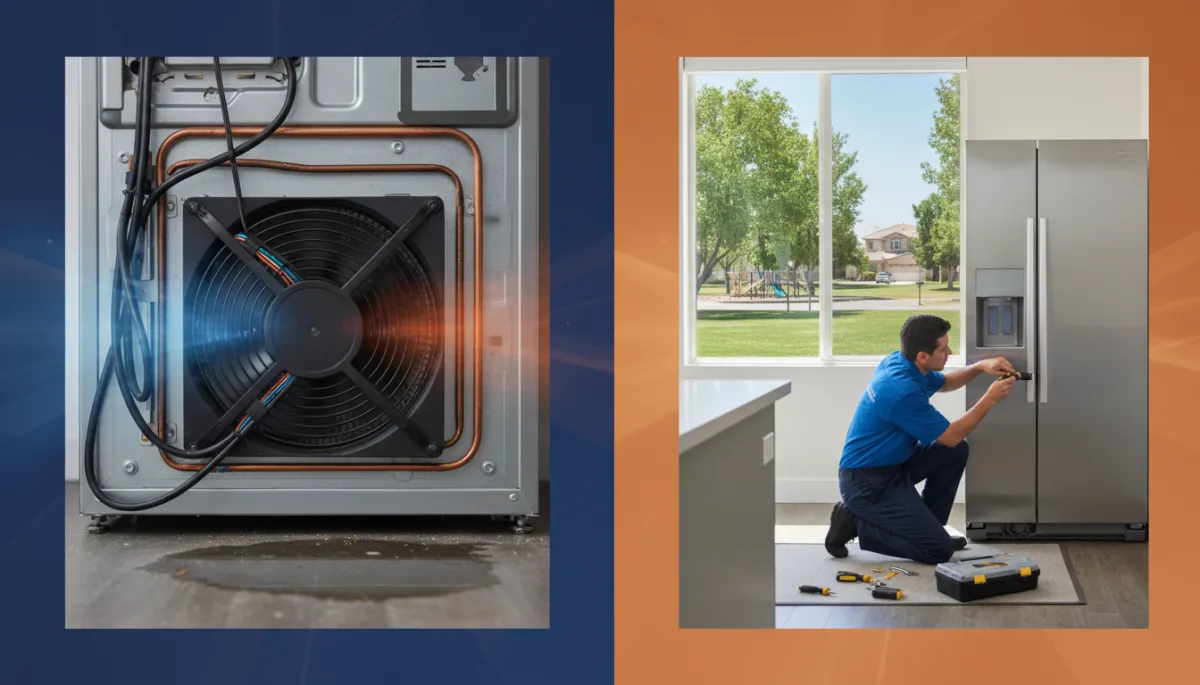 Technician inspecting refrigerator coils and fan to diagnose humming noise