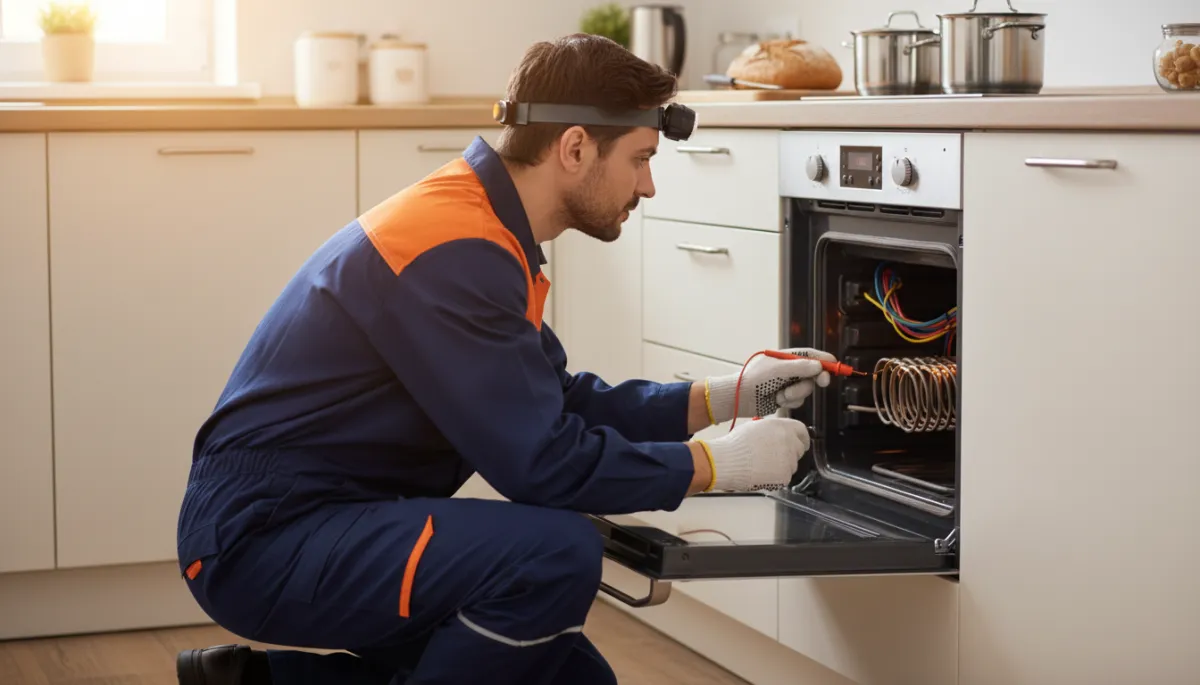 Professional technician performing detailed stove service on an oven Professional technician performing detailed stove service on an oven
