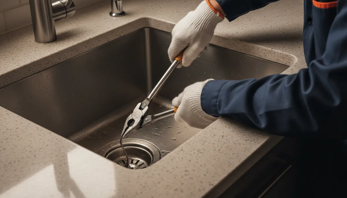 Plumber using tools to remove debris from a garbage disposal opening Plumber using tools to remove debris from a garbage disposal opening