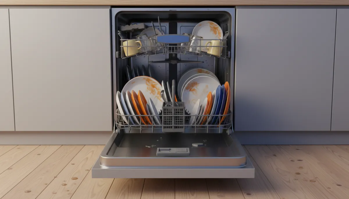 Professional technician inspecting a leaky dishwasher to prevent water damage to the floor Professional technician inspecting a leaky dishwasher to prevent water damage to the floor