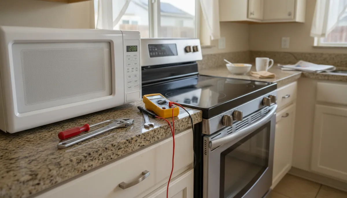 A realistic photo of a kitchen countertop in a genuine Bakersfield home, showing a standalone microwave and a separate oven with a set of well-used repair tools (screwdriver, wrench, multimeter) arranged naturally beside them. The background should include subtle, authentic household details, and lighting should feel natural and unfiltered. A realistic photo of a kitchen countertop in a genuine Bakersfield home, showing a standalone microwave and a separate oven with a set of well-used repair tools (screwdriver, wrench, multimeter) arranged naturally beside them. The background should include subtle, authentic household details, and lighting should feel natural and unfiltered.