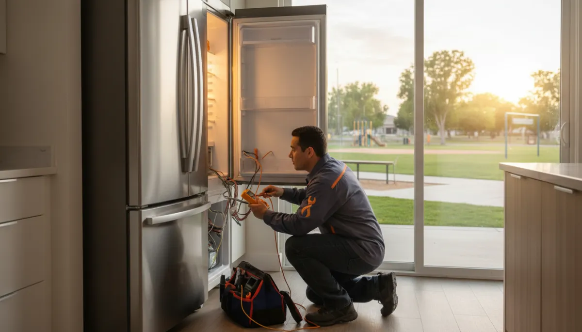 Technician performing cooler maintenance by cleaning refrigerator condenser coils Technician performing cooler maintenance by cleaning refrigerator condenser coils