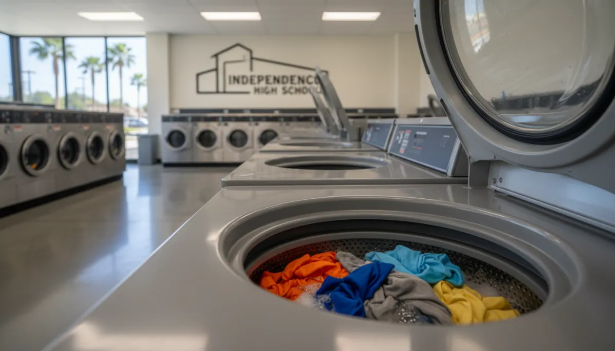 Technician inspecting a washer with school sports jerseys nearby Technician inspecting a washer with school sports jerseys nearby