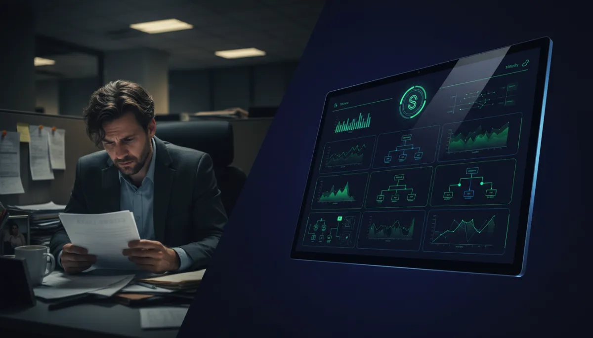 Contrast between laid-off worker and AI automation dashboard in Canadian office