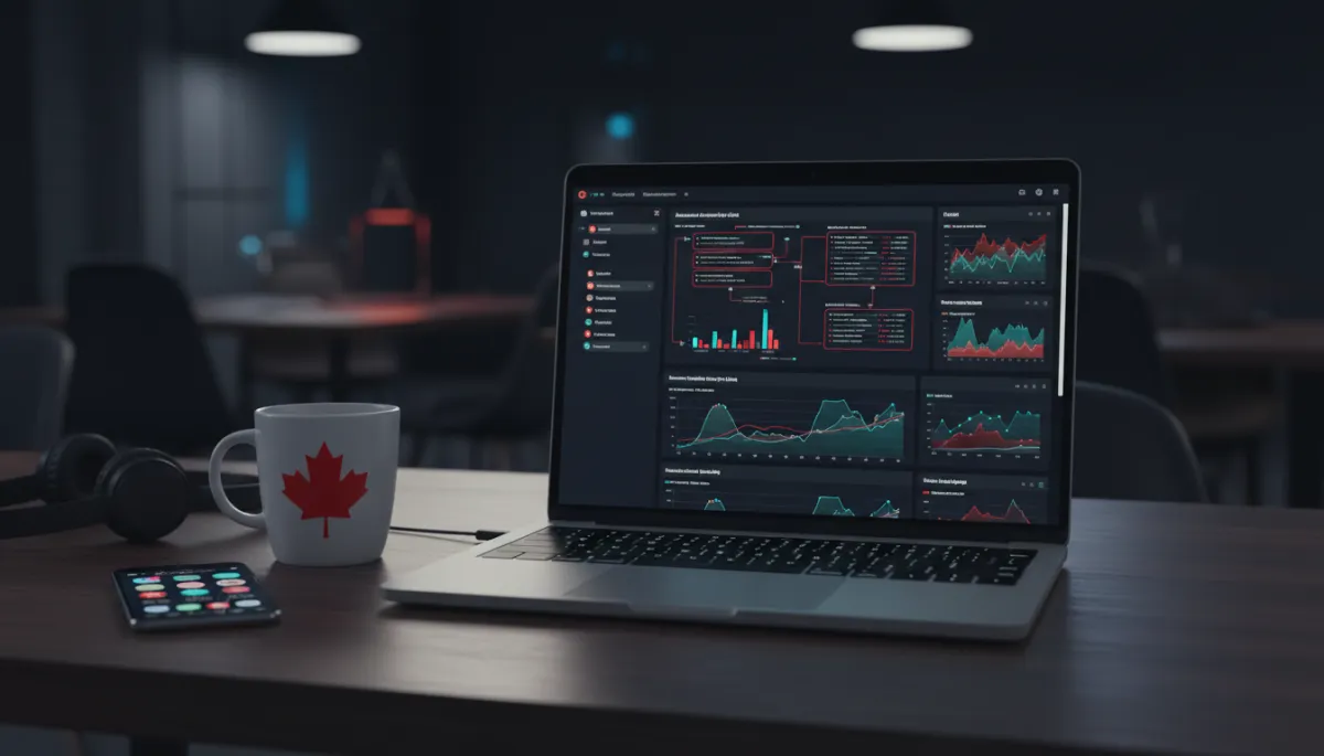 Canadian marketer using AI automation dashboards with brand-colored charts on a laptop