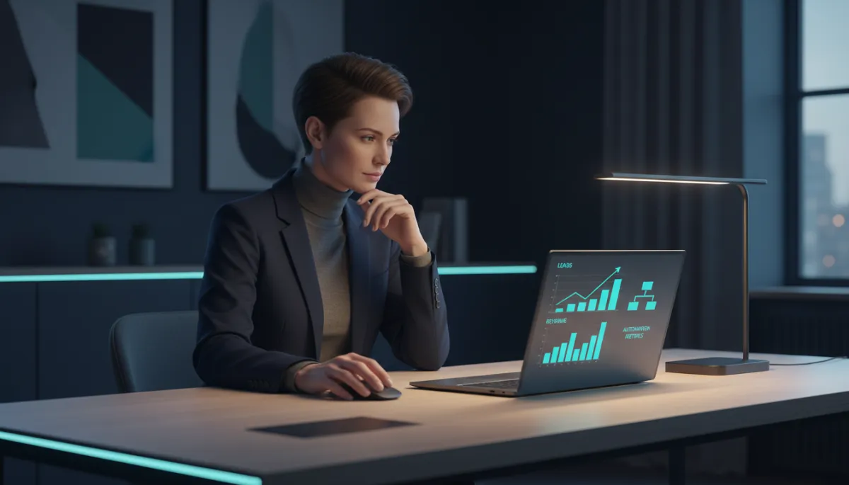 Small business owner reviewing a digital dashboard of automated workflows and revenue metrics