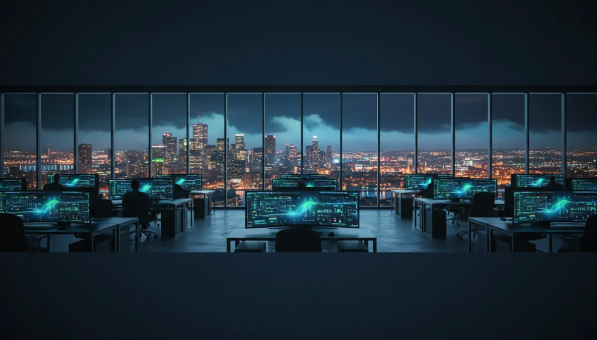 photorealistic dramatic dark-toned open-plan tech office overlooking a Canadian city skyline at night, computers glowing with futuristic AI data overlays in Stiplify brand colors, dark navy #15152d background with neon green #37ca37 accents and blue #188bf6 highlights, cinematic lighting and moody atmosphere