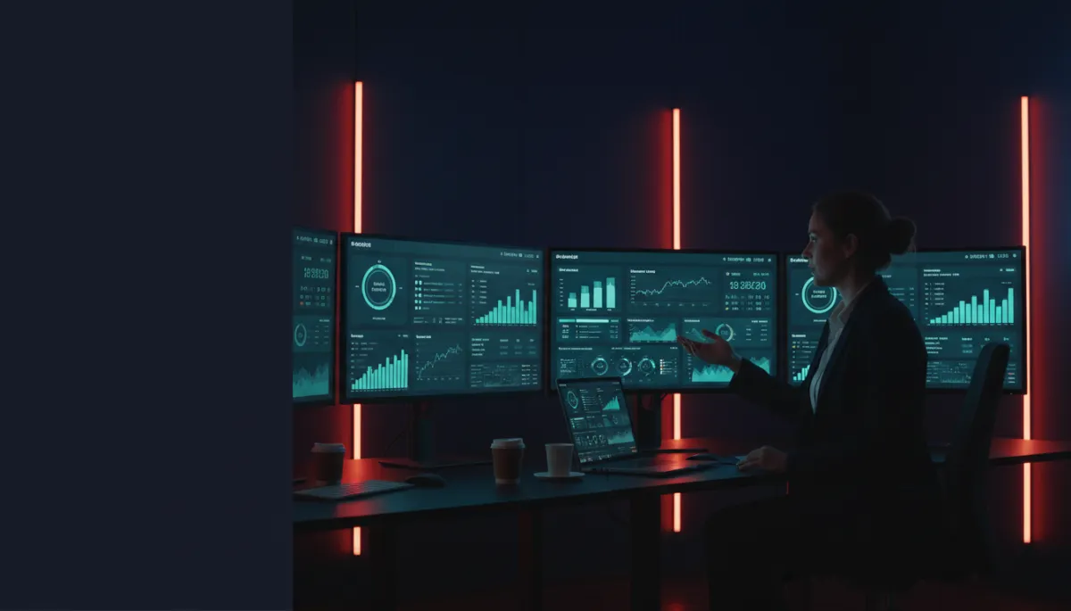 photorealistic wide shot of a Canadian small business owner in a modern office at night, dark navy #12112d walls with subtle gradients, red #E02339 accent lighting, cyan #35BFD4 highlights on multiple screens showing AI marketing dashboards, charts and automated campaign results, bold overlay text area on left side
