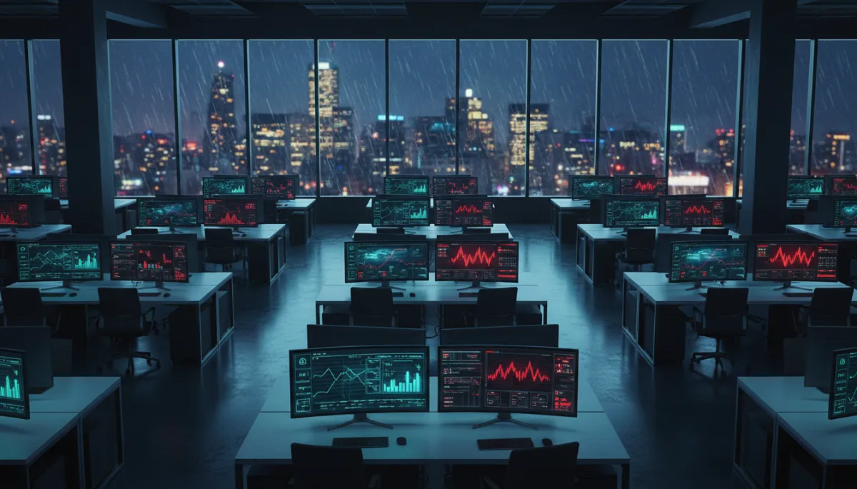 photorealistic overhead shot of a dark navy #12112d open-plan Canadian tech office at night, rows of empty desks with glowing monitors showing AI dashboards in cyan #35BFD4 and red #E02339 warning graphs, Toronto skyline blurred through rain-streaked windows