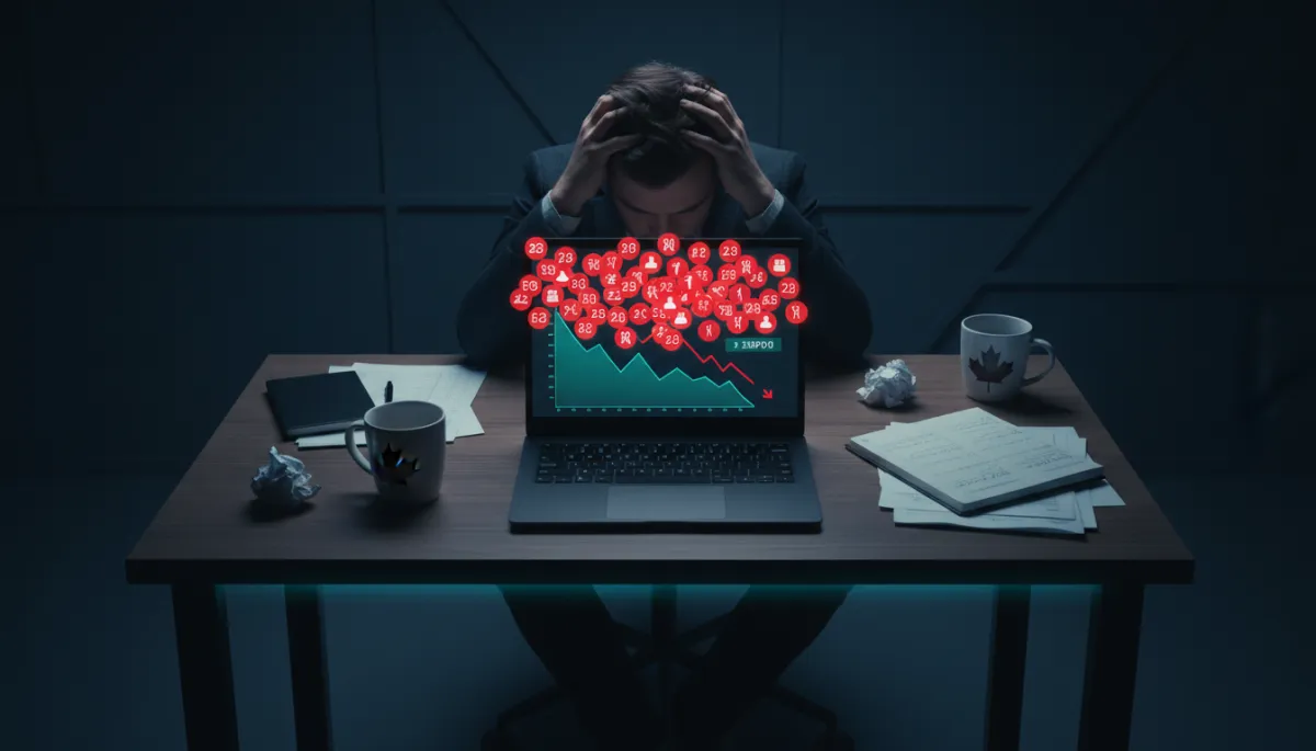 photorealistic overhead shot of a stressed Canadian business owner at a dark navy #12112d laptop, red #E02339 notification bubbles piling up on screen, cyan #35BFD4 analytics graphs showing dropping leads, modern office setting