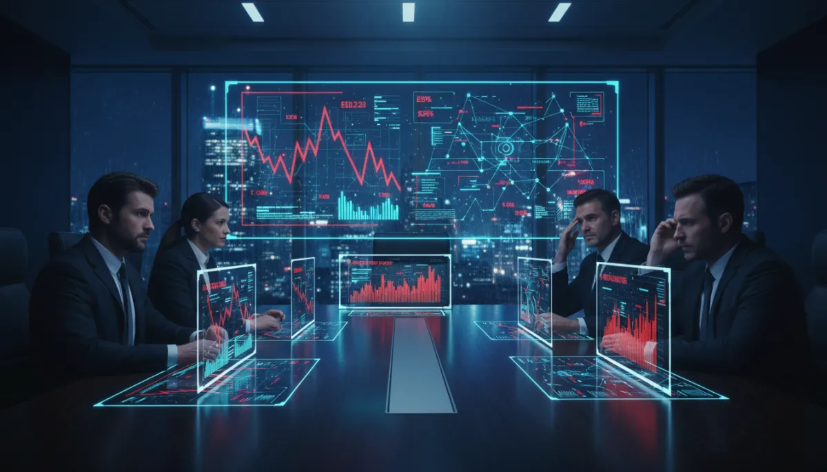 photorealistic scene inside a modern Toronto high-rise boardroom at night, executives in suits lit by screens showing red downward graphs and glowing AI dashboards in dark navy #12112d with sharp accents of red #E02339 and cyan #35BFD4, tense expressions as they review failed AI rollout metrics