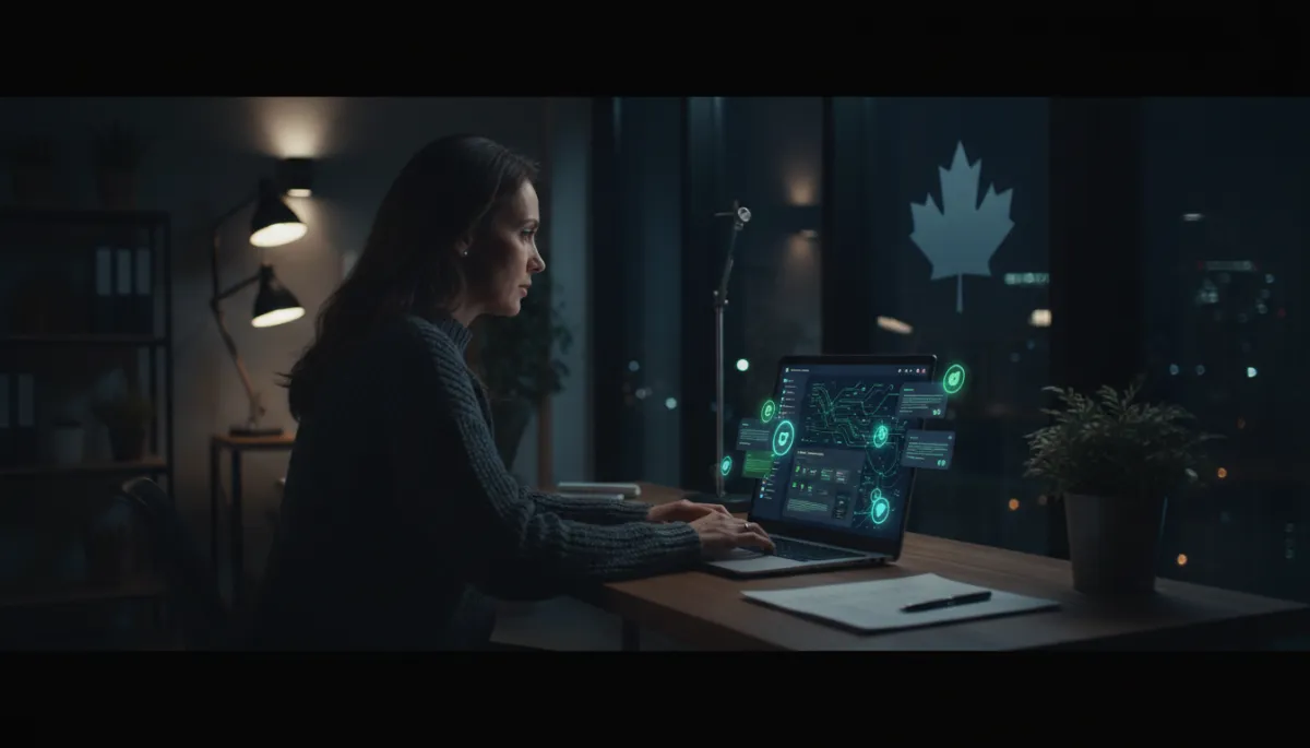 photorealistic scene of a Canadian small business owner in a dimly lit office at night, laptop open to a dark navy #12112d dashboard with glowing green #30A877 accents showing an AI chatbot chatting with customers on multiple channels, subtle maple leaf reflection in the window