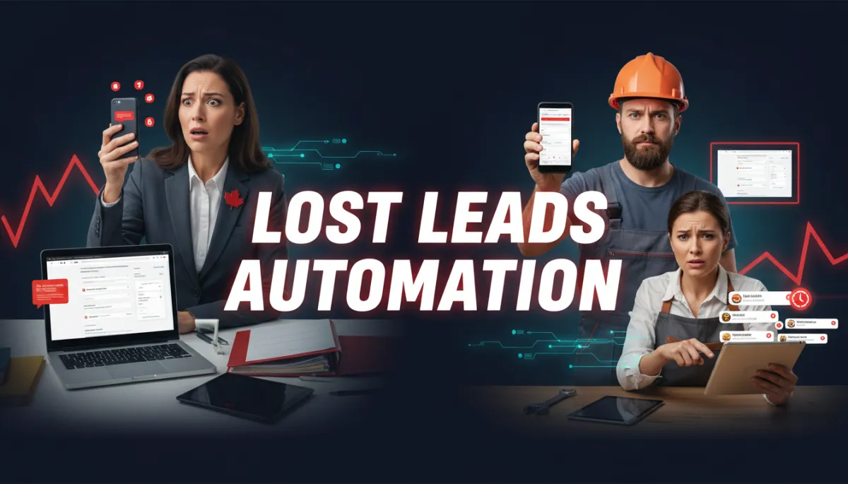 photorealistic dark navy #12112d background with sharp red #E02339 urgency accents, split-screen of stressed Canadian business owners (realtor, plumber, restaurant manager) staring at unanswered phone notifications and unread web inquiries, bold overlay text about lost leads and automation