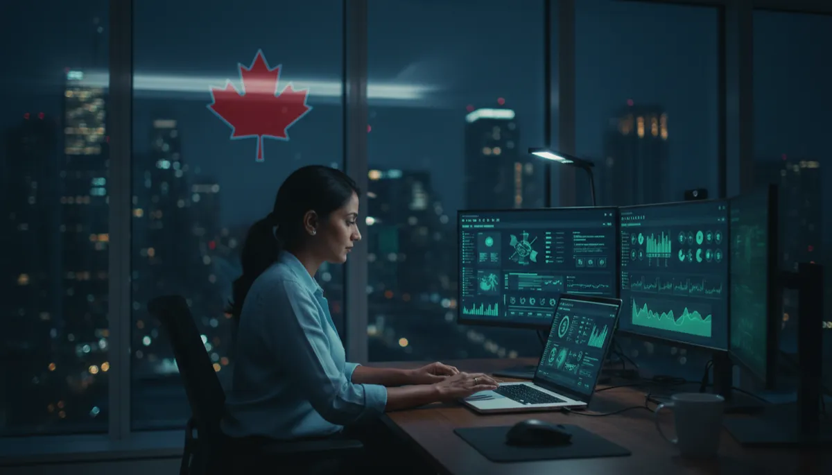 photorealistic night-time office in Canada with a small business owner at a laptop, screens glowing in dark navy #12112d with cyan #35BFD4 and green #30A877 UI elements, subtle maple leaf reflection in window, modern techy vibe