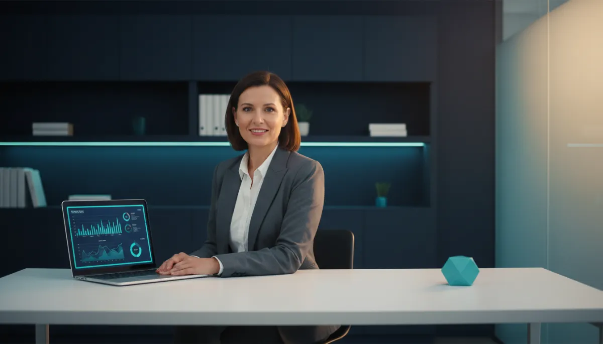 photorealistic confident small business owner at a clean modern desk in a deep navy #12112d office, warm lighting, cyan #35BFD4 accents on a laptop dashboard showing business metrics, shallow depth of field, magazine editorial style