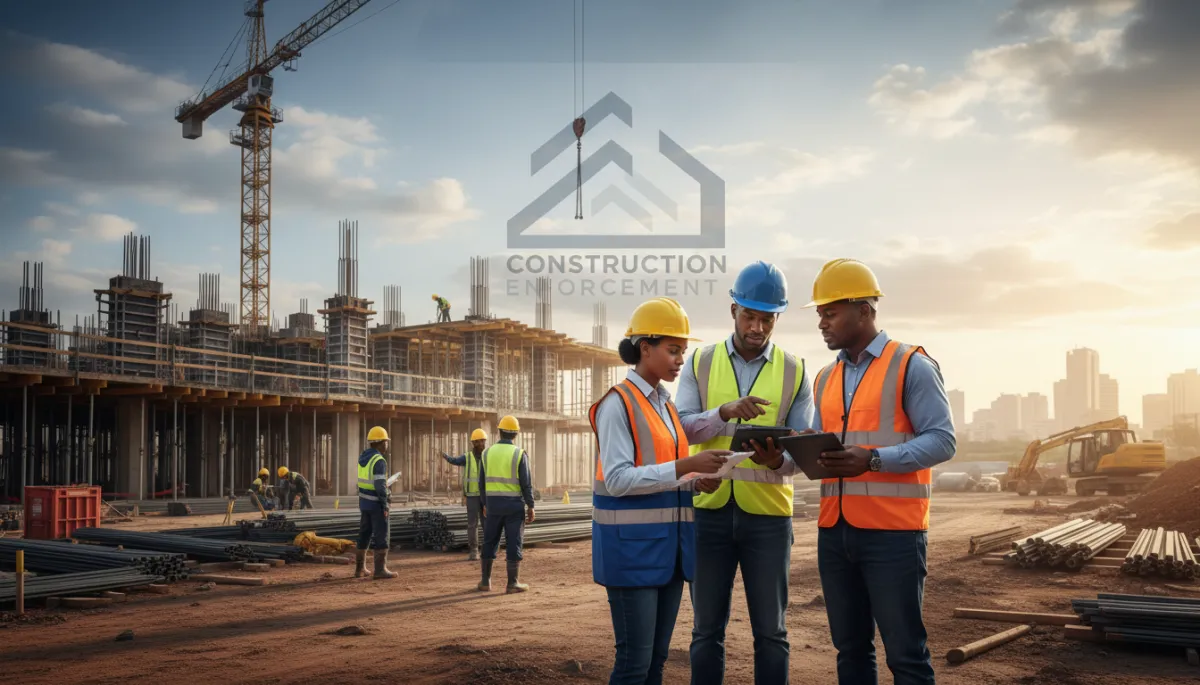 create a image that will suite this blog. Context: This is for a blog post about "Ekurhuleni Construction Enforcement: Inspection Readiness and Site Control Under the OHS Act and Construction Regulations". Style: Professional quality, photorealistic, high resolution