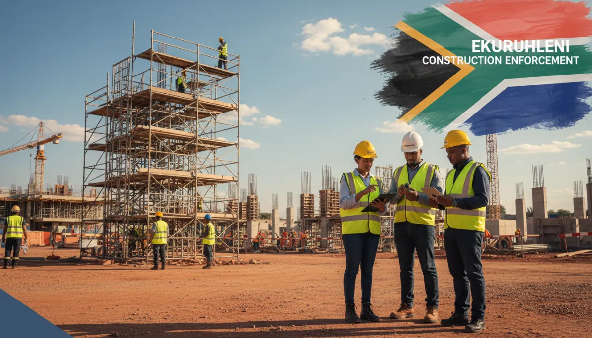 create a image that will suite this blog. Context: This is for a blog post about "Ekurhuleni Construction Enforcement: Inspection Readiness and Site Control Under the OHS Act and Construction Regulations". Style: Professional quality, photorealistic, high resolution