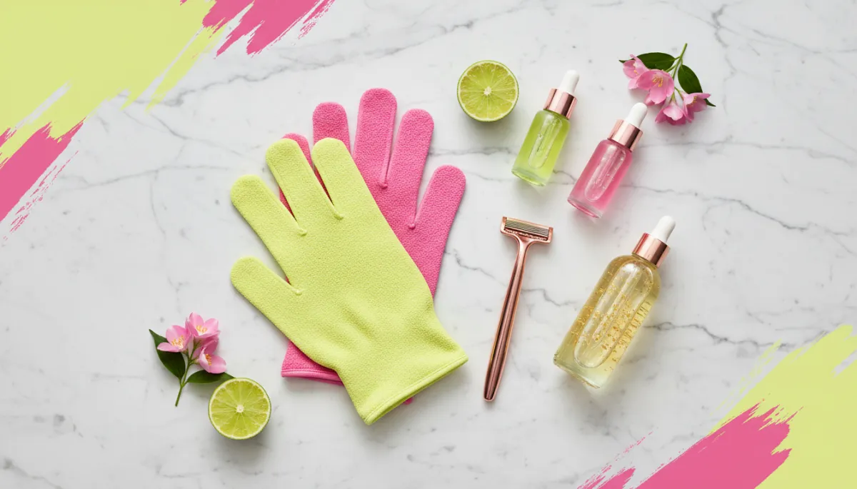 Flatlay of intimate grooming tools and skincare products in a glamorous editorial style