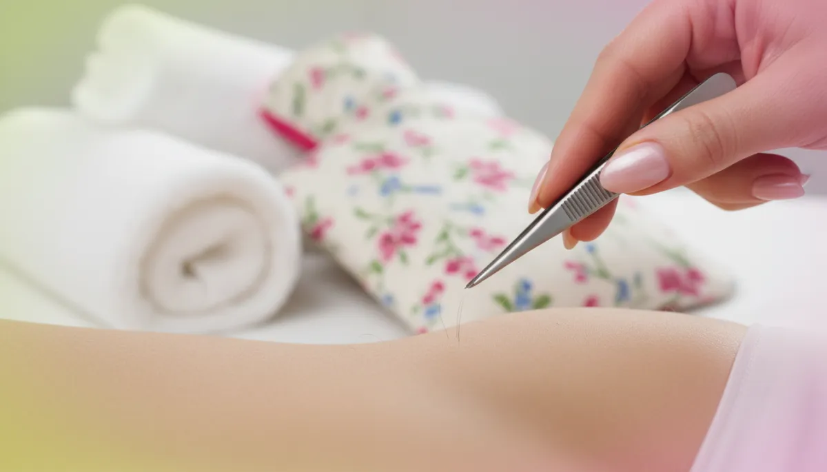 Close-up of a woman using tweezers near the bikini line with a hot water bottle nearby