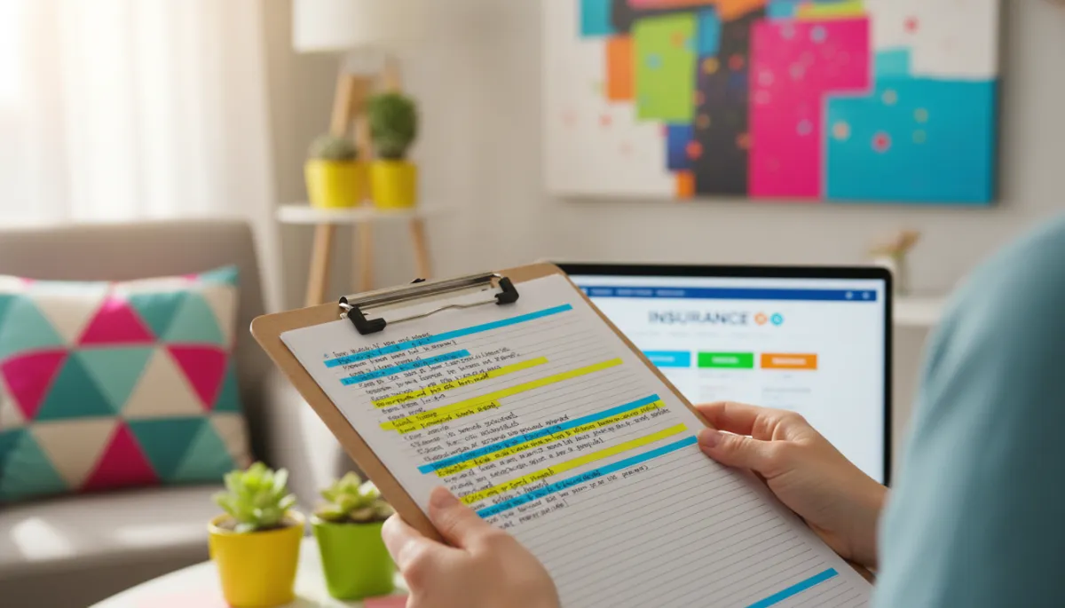 Clinician holding detailed psychotherapy notes near an insurance portal on a laptop Clinician holding detailed psychotherapy notes near an insurance portal on a laptop