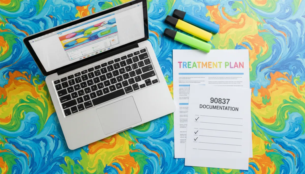 Desk with laptop, treatment plan, and 90837 documentation checklist highlighted in bright colors Desk with laptop, treatment plan, and 90837 documentation checklist highlighted in bright colors