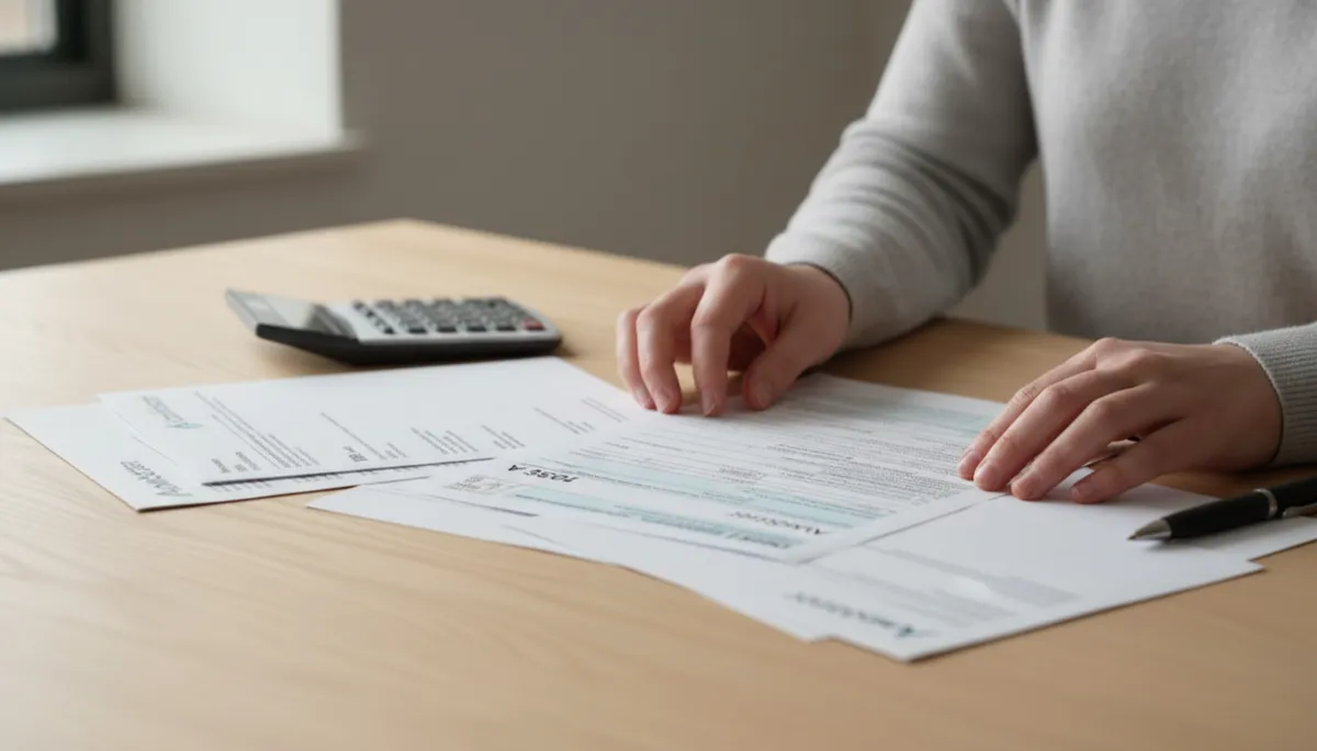 Manos organizando formularios de impuestos y documentos de Ambetter