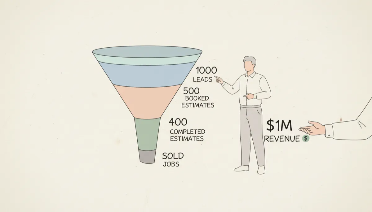 Funnel diagram showing roofing leads flowing down to sold jobs and revenue Funnel diagram showing roofing leads flowing down to sold jobs and revenue