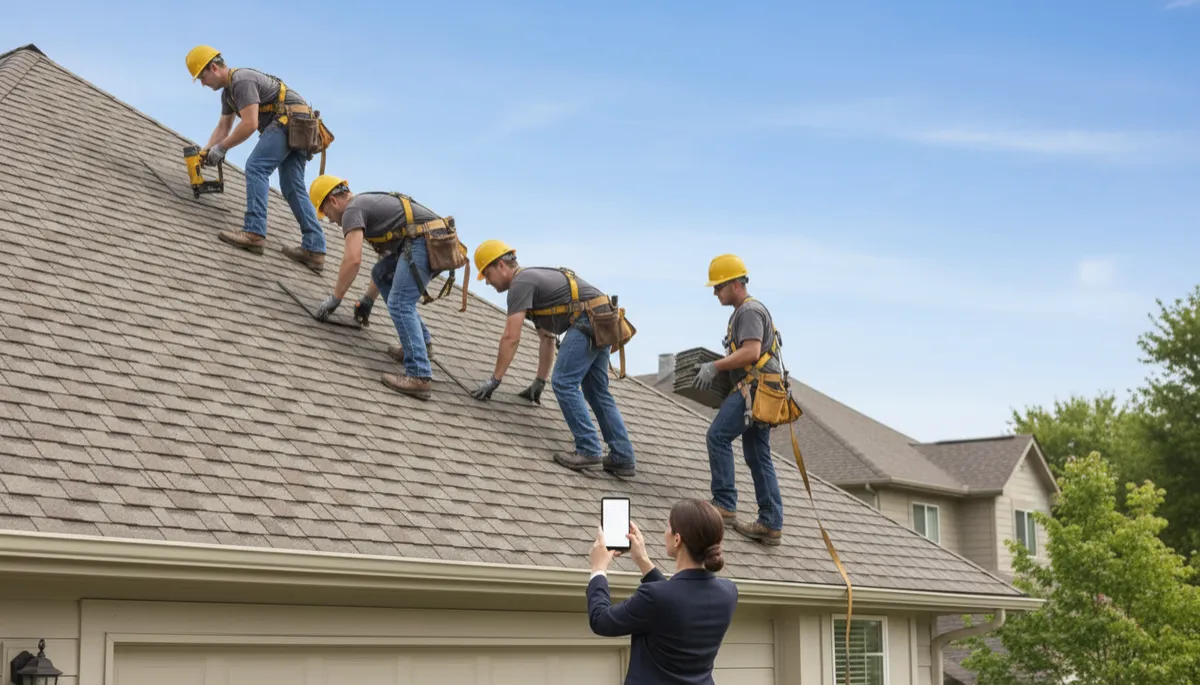 Roofing crew working on a home while project photos are captured for social ads Roofing crew working on a home while project photos are captured for social ads