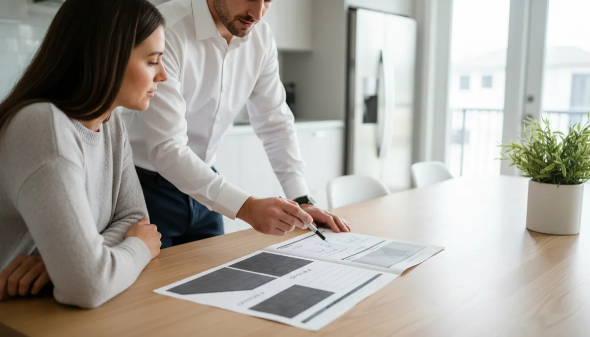professional neutral-toned photo of a roofing sales consultant at a kitchen table walking a homeowner through a clear printed roofing proposal with diagrams and options, calm lighting, modern setting professional neutral-toned photo of a roofing sales consultant at a kitchen table walking a homeowner through a clear printed roofing proposal with diagrams and options, calm lighting, modern setting