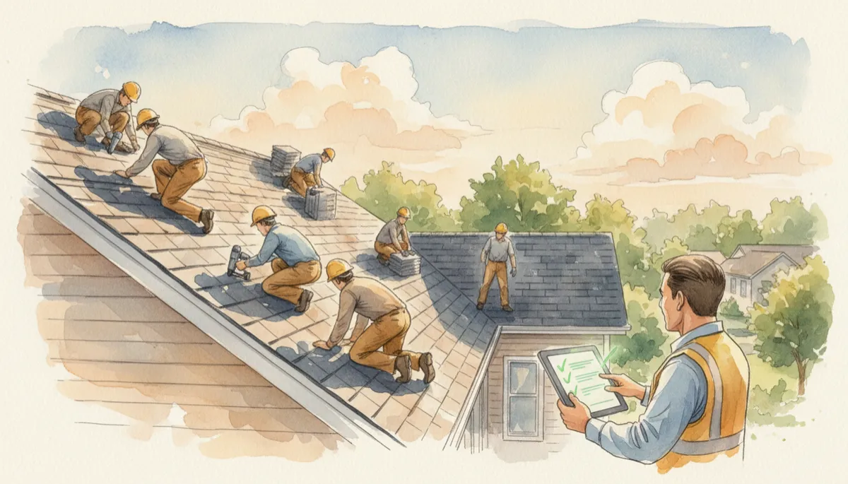 Roofing crew completing a residential project while a manager reviews a checklist