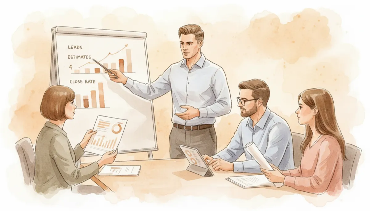 professional neutral-toned photo of a roofing sales manager pointing to a whiteboard with lead, estimate, and close rate numbers while team members look at printed reports and a tablet dashboard professional neutral-toned photo of a roofing sales manager pointing to a whiteboard with lead, estimate, and close rate numbers while team members look at printed reports and a tablet dashboard