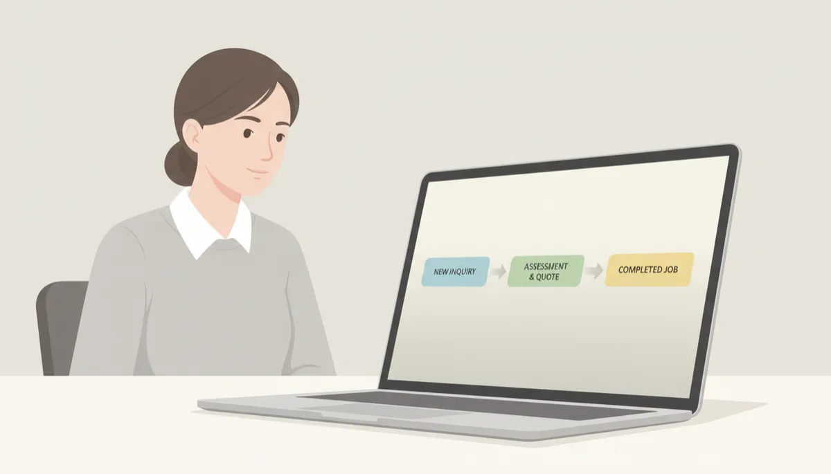 professional neutral-toned diagram on a laptop screen showing a simple lead workflow from new inquiry to completed job, with clear arrows and labels, viewed by a roofing office coordinator at a desk professional neutral-toned diagram on a laptop screen showing a simple lead workflow from new inquiry to completed job, with clear arrows and labels, viewed by a roofing office coordinator at a desk