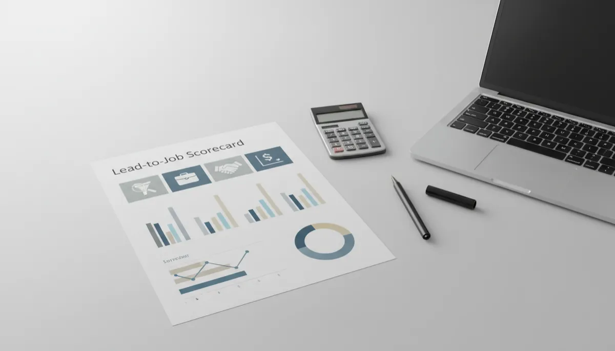 Printed lead-to-job scorecard with columns for leads, opportunities, and sold jobs on a desk Printed lead-to-job scorecard with columns for leads, opportunities, and sold jobs on a desk