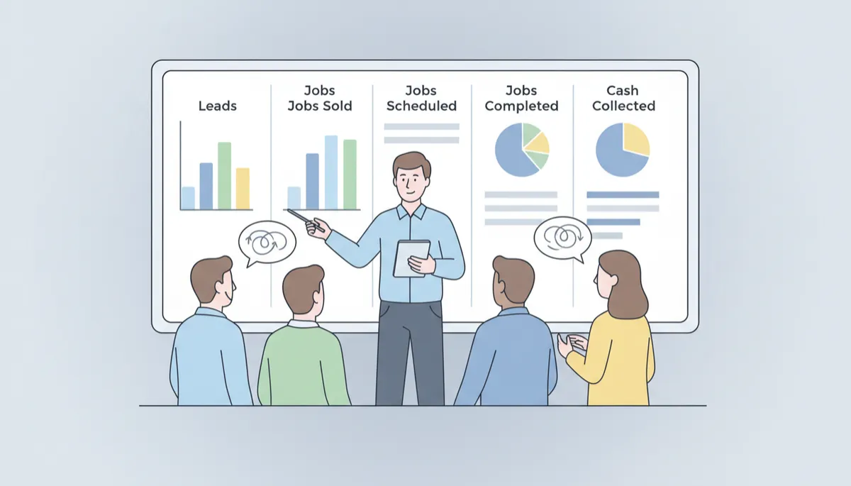 Roofing operations manager leading a meeting around workload and cash metrics Roofing operations manager leading a meeting around workload and cash metrics
