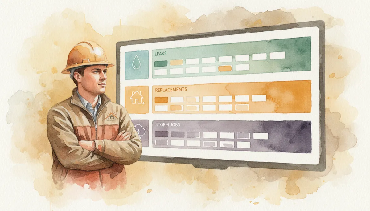 Roofing operations manager reviewing segmented CRM pipeline by inquiry type Roofing operations manager reviewing segmented CRM pipeline by inquiry type