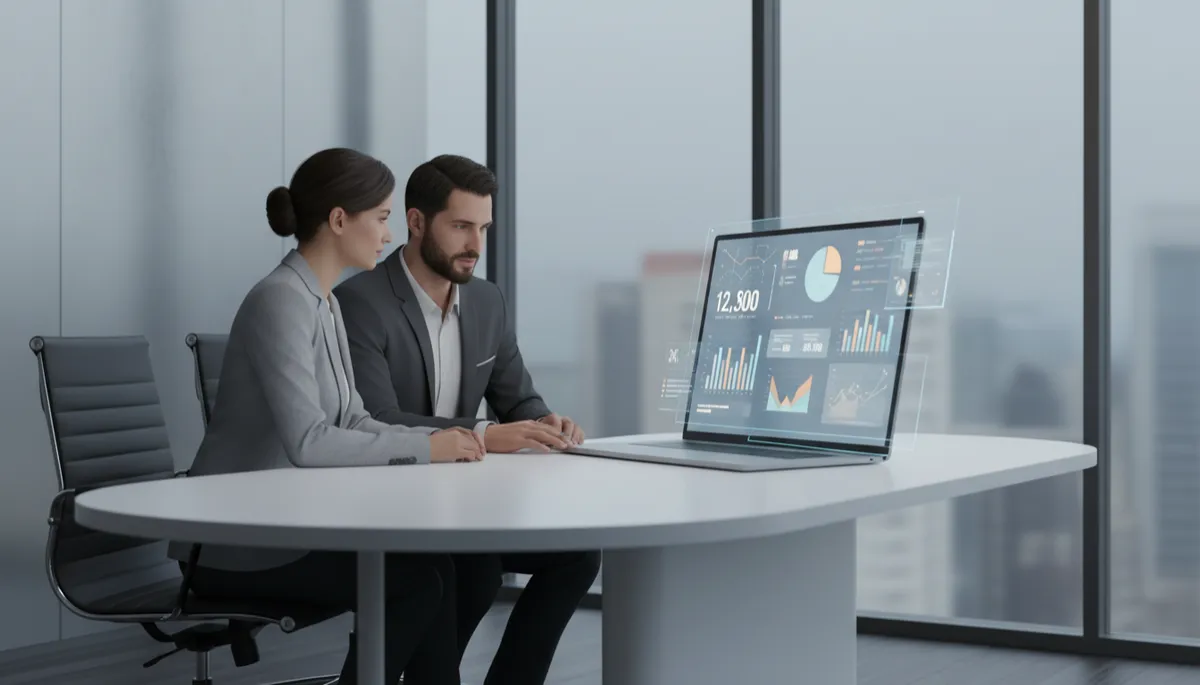 Roofing company owner reviewing opportunity and revenue metrics on a laptop dashboard Roofing company owner reviewing opportunity and revenue metrics on a laptop dashboard