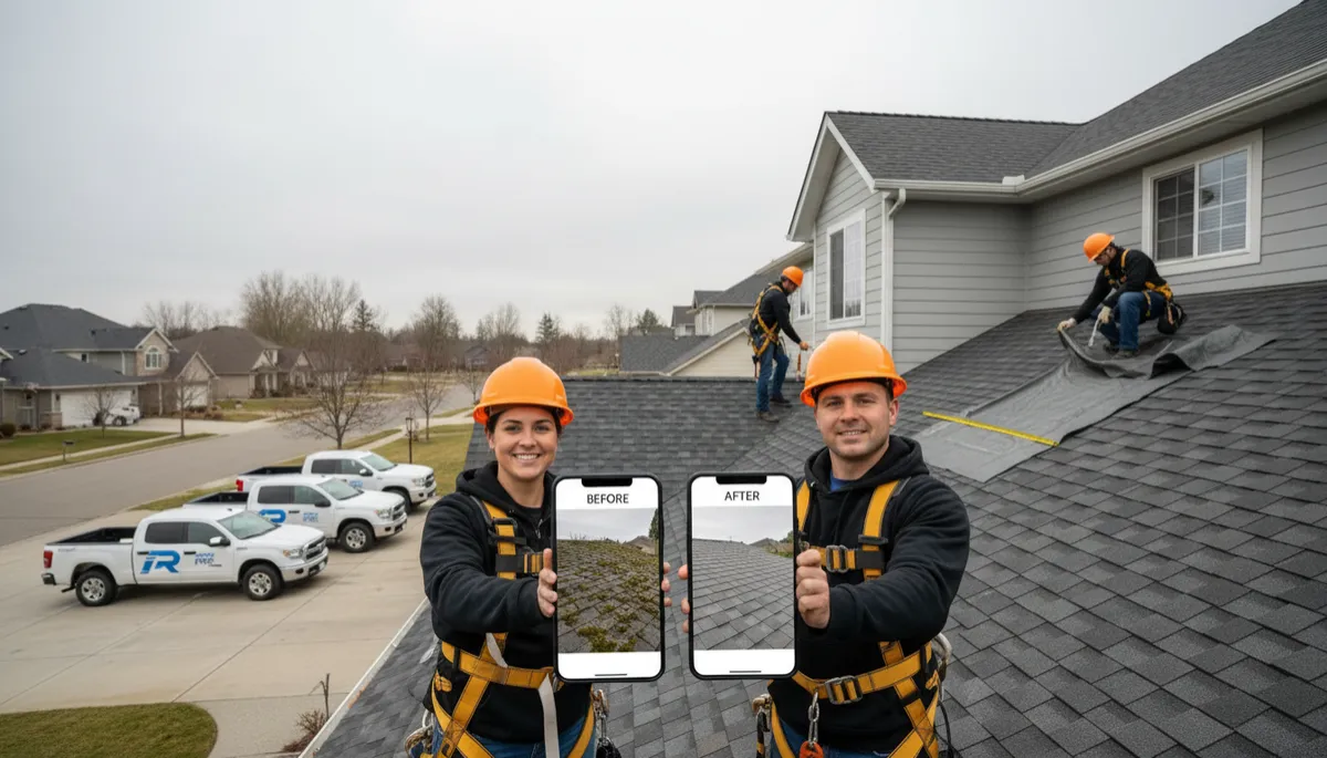 Roofing crew capturing before and after photos on a residential job Roofing crew capturing before and after photos on a residential job