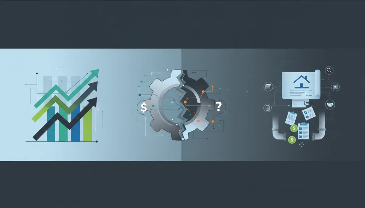 Illustration of rising charts, a gear, and digital tools representing the roofing sales process.