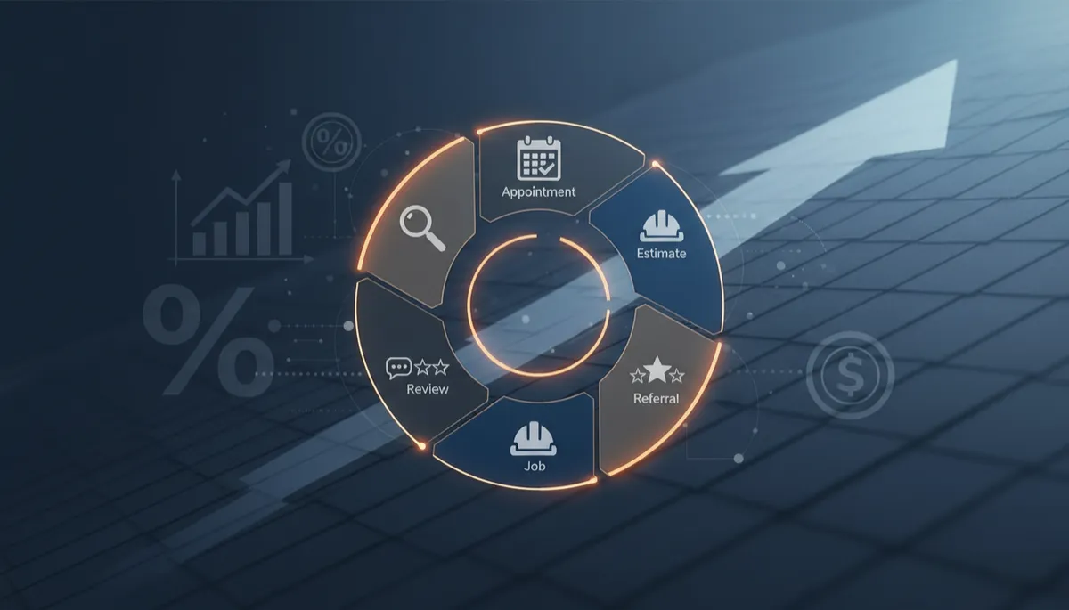 Circular roofing growth diagram over roof shingles with an upward arrow and business icons.