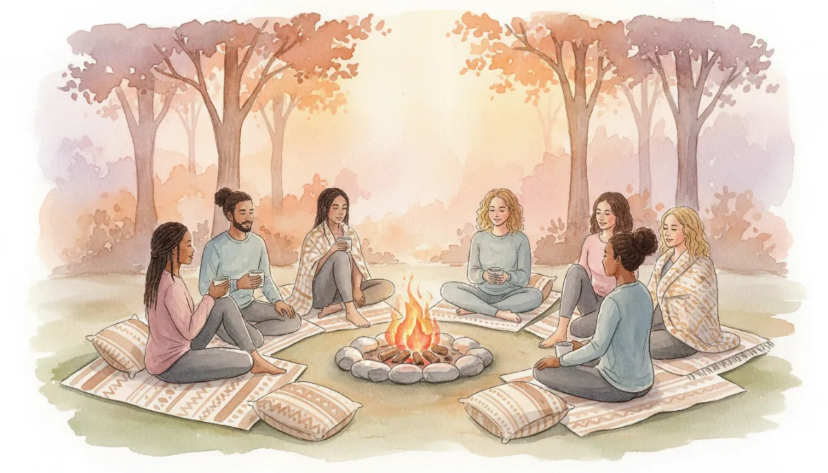 Camp Yoga participants relaxing around a campfire after a day of practice