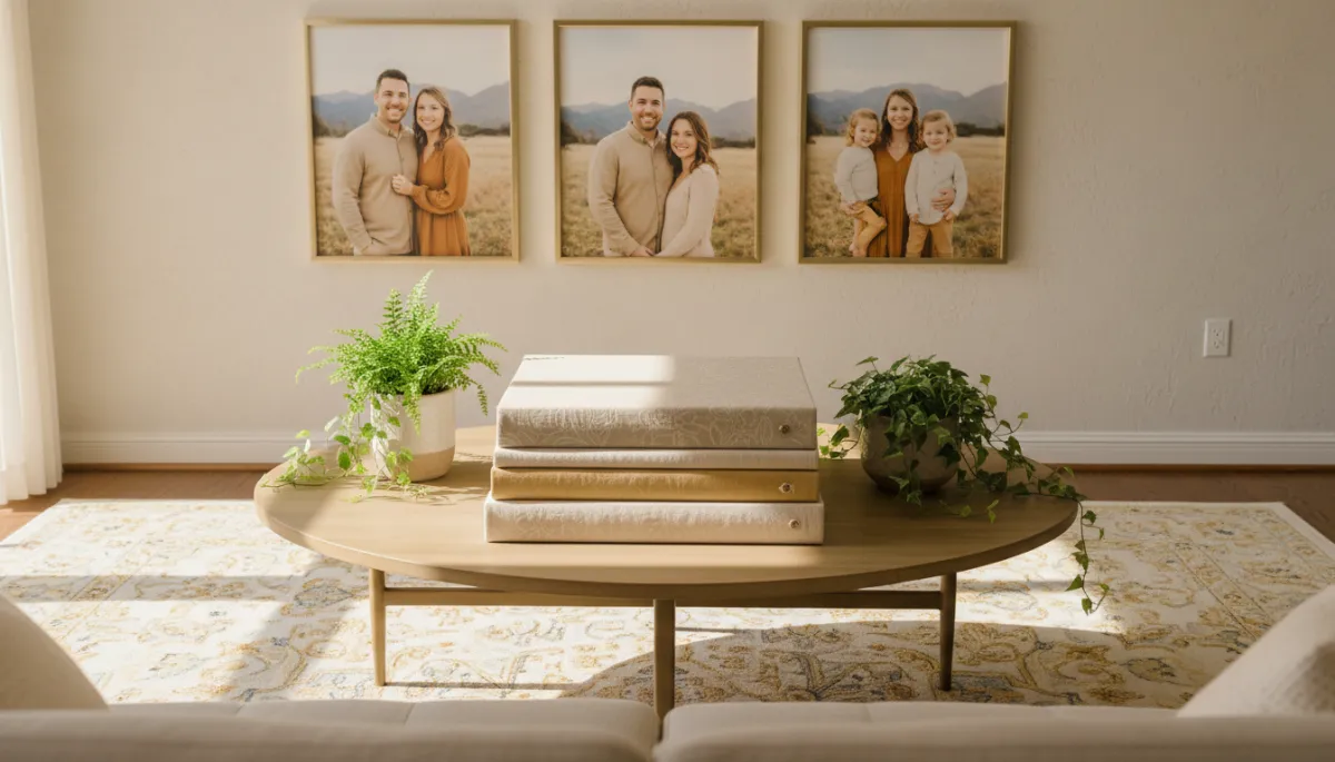 Fine art photo albums stacked on a table with framed family portraits on the wall