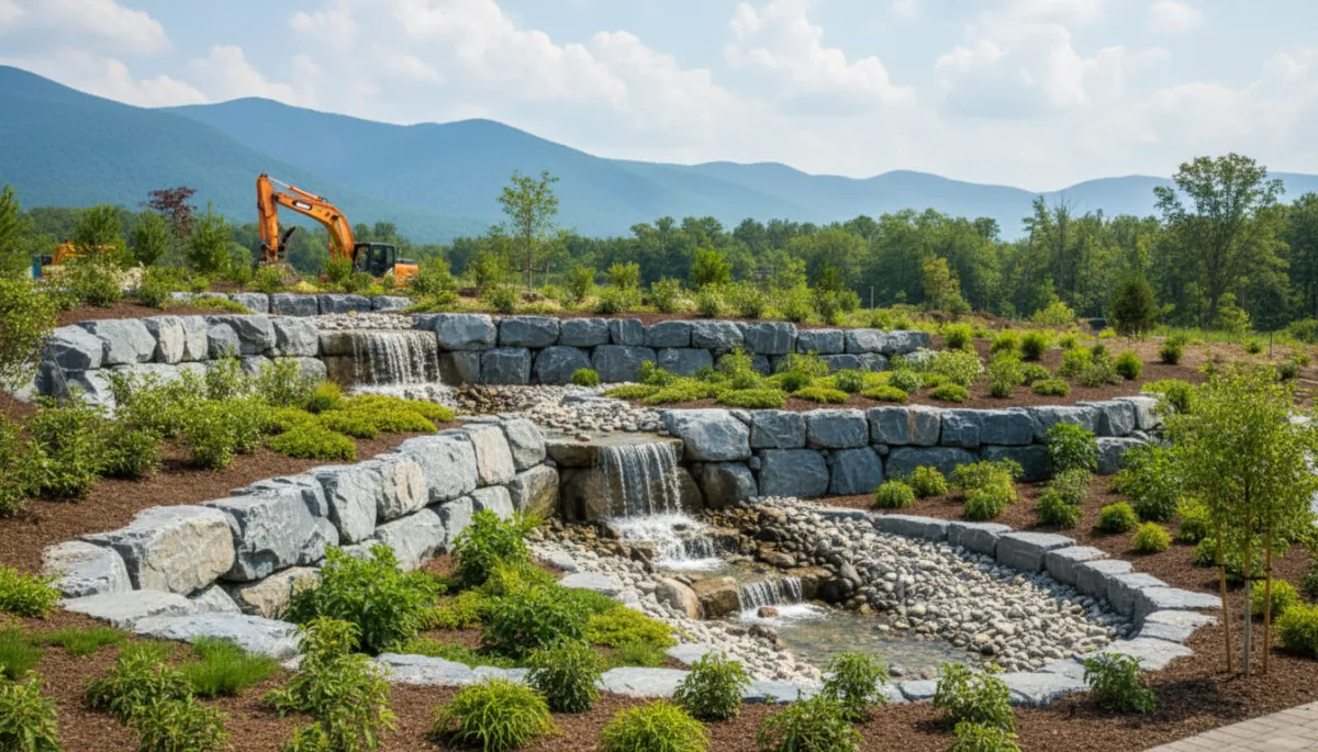 Professionally built stone retaining wall with fresh landscaping
