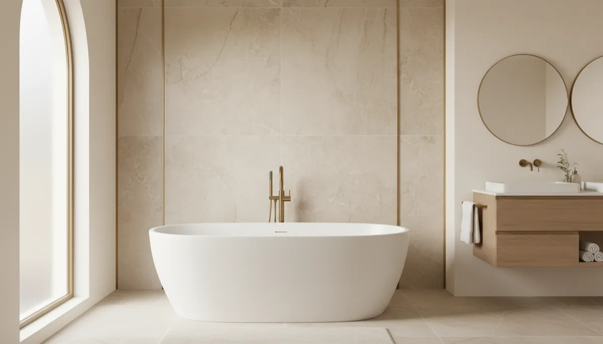 Warm neutral bathroom featuring a tiled accent wall with refined transitions