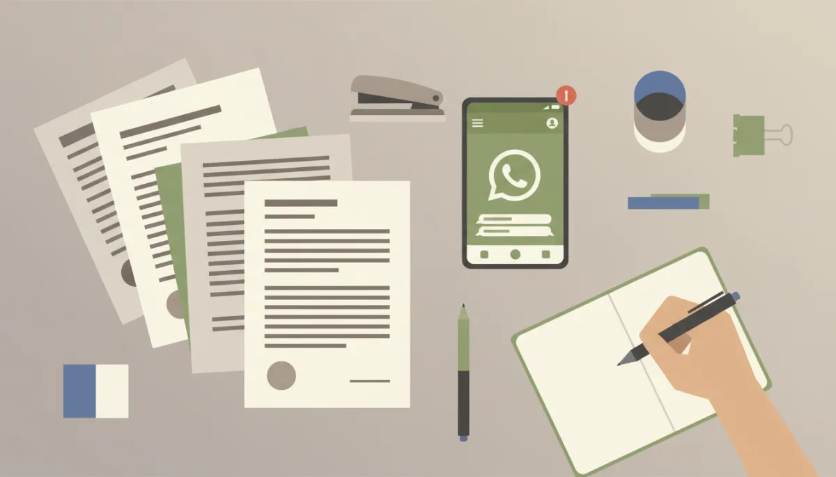 Mesa con documentos legales y teléfono con WhatsApp para pedir orientación sobre divorcio