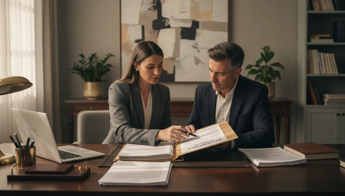 Abogada revisando documentos de divorcio con cliente