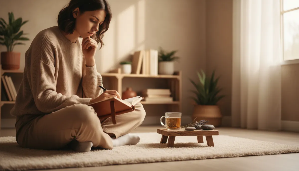 A serene, neutral-toned photograph of a person journaling alone in a cozy, softly-lit space, focused on reflection and healing, professional and authentic, no animation, in line with a personal growth and emotional healing brand.
