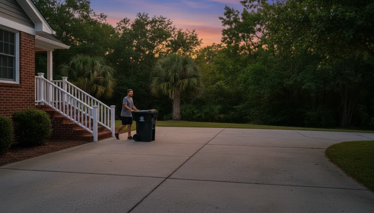 A real photograph of a man in casual clothing rolling a large black wheeled garbage cart down the concrete driveway of a suburban Charleston, South Carolina home at dusk. Warm golden evening light. Brick front steps visible. Lush green trees in background. Photorealistic, like a DSLR photograph. A real photograph of a man in casual clothing rolling a large black wheeled garbage cart down the concrete driveway of a suburban Charleston, South Carolina home at dusk. Warm golden evening light. Brick front steps visible. Lush green trees in background. Photorealistic, like a DSLR photograph.