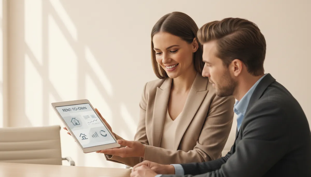 Real estate agent presenting a rent to own marketing plan on a tablet