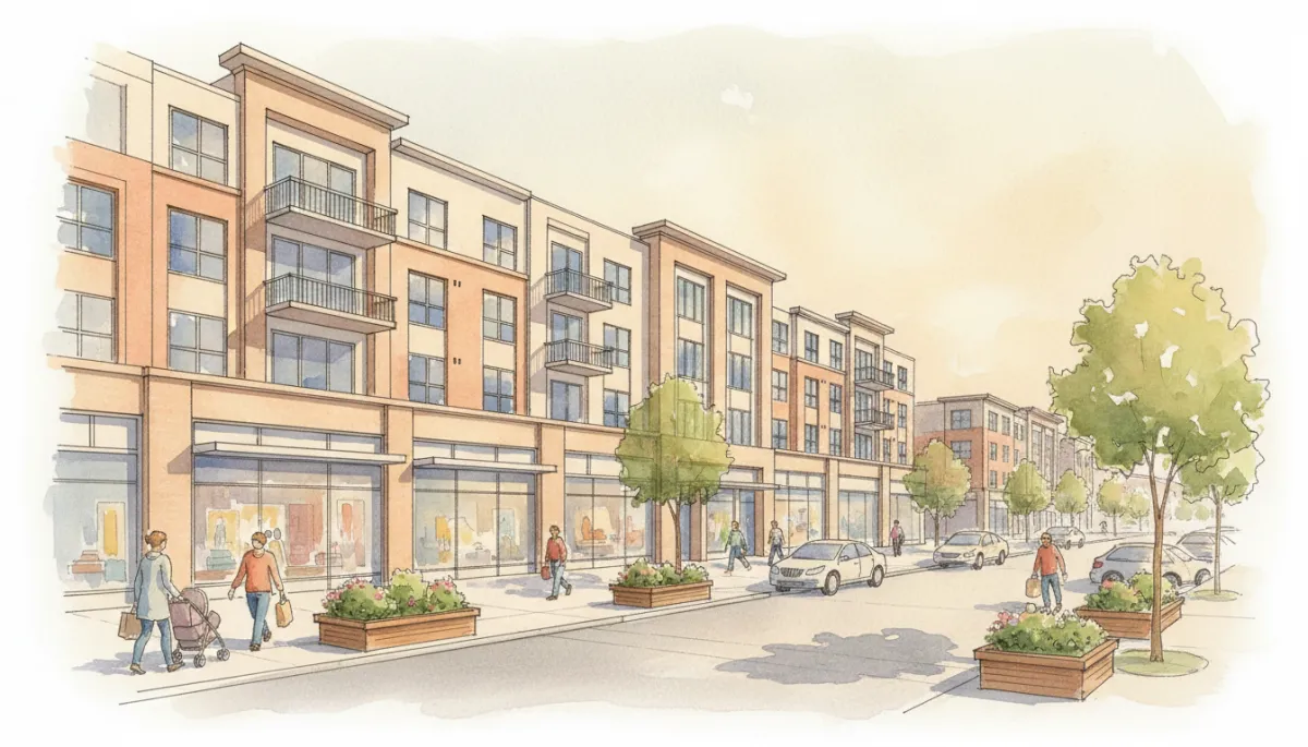 Street-level view of a mixed-use development with shops and apartments in the Triad