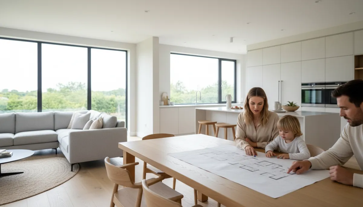 Modern open-concept interior of a new construction home with family reviewing plans